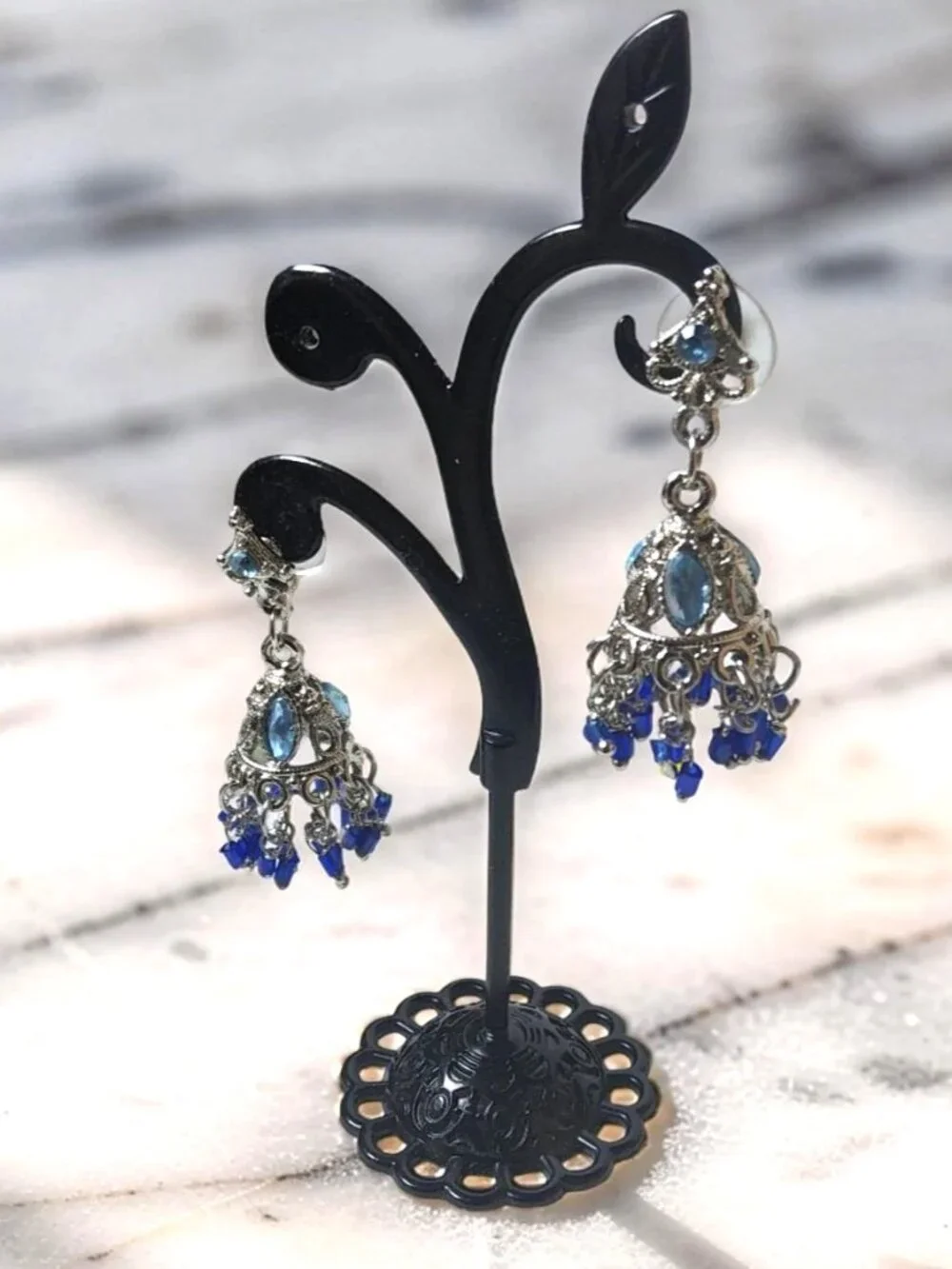 vintage silver tone hombre blues chrystals chandelier dangle earrings